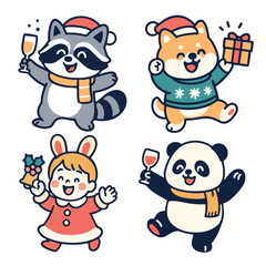 Cute raccoon dog rabbit panda wearing Christmas hat holding gift and drink celebrating New Year