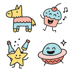 Cartoon pinata, cupcake, star, and UFO with happy faces, playful party celebration illustration