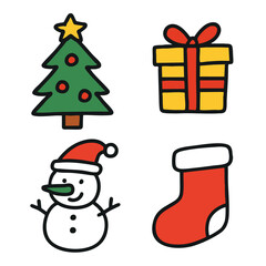 Christmas tree gift snowman stocking festive holiday winter red green yellow cheerful