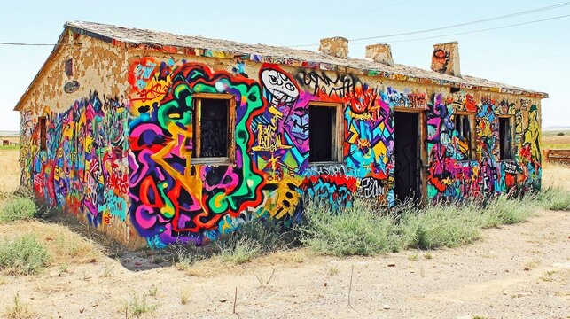 An abandoned, weathered house with a crumbling facade, completely covered in vibrant and chaotic graffiti art. The house has multiple windows and doorways, with - Powered by Adobe