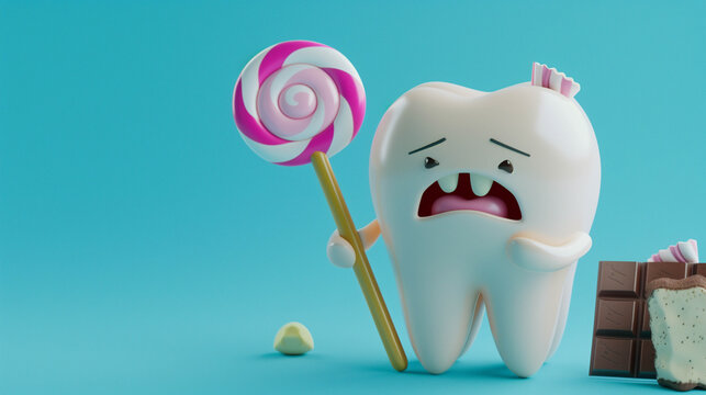 Sad cartoon tooth holding candy surrounded by chocolate, symbolizing dental problems and cavities