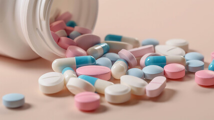 Assorted pharmaceutical pills and capsules spilling out of a white medicine bottle on neutral background