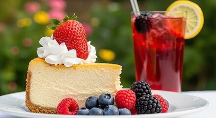 Delicious Slice of Creamy Cheesecake Topped with Fresh Strawberry and Whipped Cream Served with Berry Medley and Iced Tea