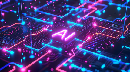 Fototapeta premium Central AI microchip on a neon glowing futuristic motherboard with digital data streams