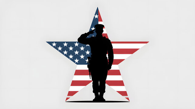 Silhouette of a saluting soldier with an American flag star for Veteran's Day, perfect for patriotic designs, memorial graphics, and celebrating freedom