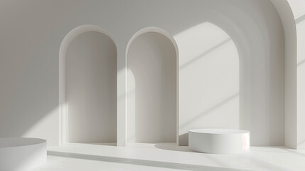 Elegant minimal white architectural arches with soft shadows and circular podiums