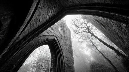 Stone arches of an old ruin frame a view of bare trees and a misty forest on a foggy day. The scene is monochromatic and atmospheric.