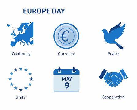Graphic showing Europe Day icons map Euro dove stars calendar handshake
