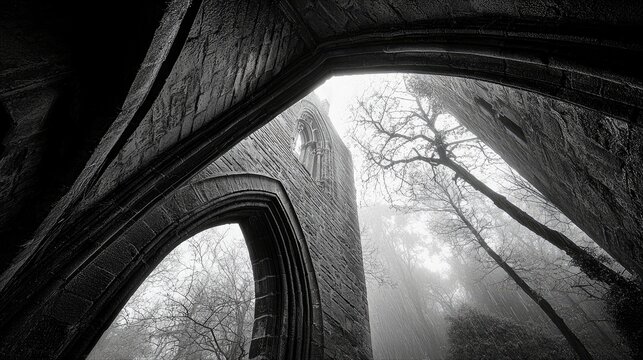 Stone arches of an old ruin frame a view of bare trees and a misty forest on a foggy day. The scene is monochromatic and atmospheric.