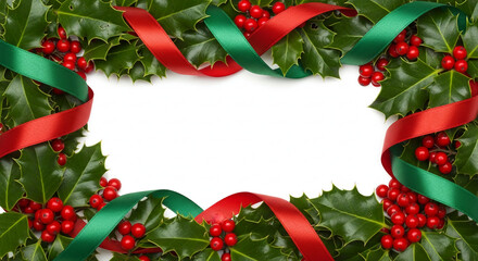 Festive Christmas frame with holly leaves and red berries adorned with red and green ribbons creating a holiday border for seasonal gree