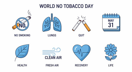 Infographic illustrating eight concepts related to World No Tobacco Day with blue icons