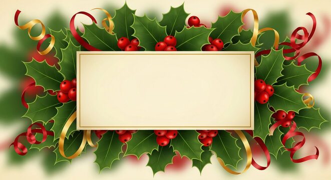 Festive Christmas holly leaves and berries frame with ribbons elegant holiday decoration with space for text perfect for greeting cards
