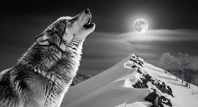 Lone wolf howling at the moon in a snowy mountain landscape