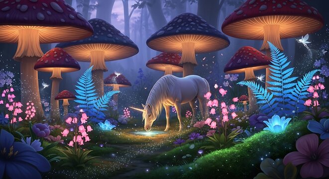 Magical unicorn drinking from mystical pond in whimsical fairy forest