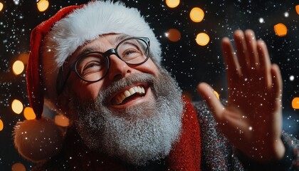 Cheerful elderly man wearing holiday attire waves goodbye against a dark, illuminated backdrop
