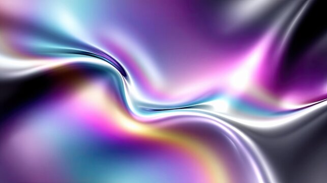 An abstract, fluid surface with iridescent colors, featuring swirling patterns of purple, pink, blue, and silver. The lighting creates a luminous and dynamic ef