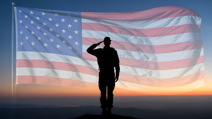 Respectful soldier saluting with American flag backdrop, perfect for Memorial Day, Veterans Day, and patriotic celebrations with sunset skies