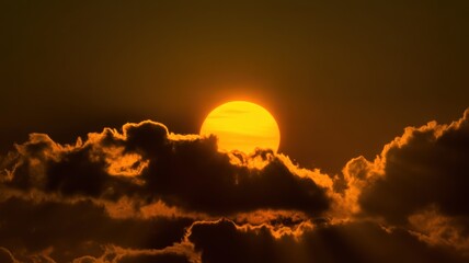 Golden sunrise bursting through dramatic clouds, casting warm light and creating a serene, hopeful atmosphere perfect for inspiring designs