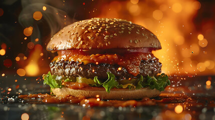 Close-up of a juicy beef burger topped with spicy curry sauce and fresh lettuce, ideal for fast-food searches, fusion recipes, and gourmet meals.
