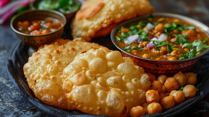 Close-up of a delicious chole bhature plate featuring spicy chickpea curry and fluffy fried bhature, ideal for Indian food and street cuisine searches.
