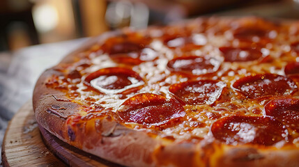 Close-up of a hot pepperoni pizza loaded with gooey melted cheese, ideal for fast-food searches, cravings, and delicious meal inspiration.
