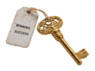 A vintage golden key with intricate detailing rests beside a worn tag labeled "WINNING SUCCESS" on a transparent background