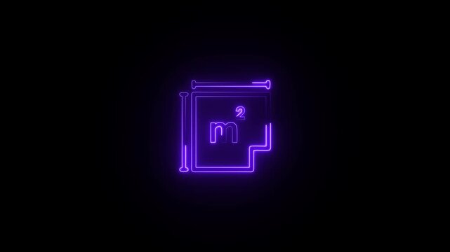 Purple Neon Glow Icon of Square Meter Symbol on Black Background area measurement
