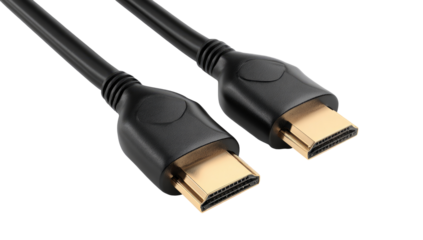 Two black cables with connectors, likely for digital data transmission, are depicted against a dark background, in close-up