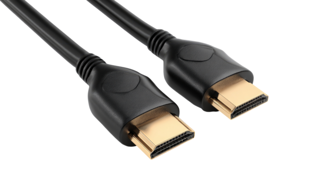 Two black cables with connectors, likely for digital data transmission, are depicted against a dark background, in close-up