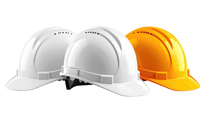 Fototapeta premium Three safety helmets of different colors, arranged closely, against a black background. Focused, realistic lighting