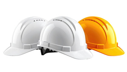 Three safety helmets of different colors, arranged closely, against a black background. Focused, realistic lighting