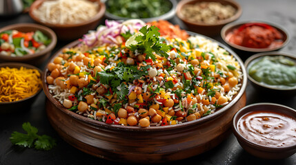 Close-up platter of spicy and tangy bhel puri made with puffed rice, chutneys, and crunchy toppings, ideal for Indian street food and snack searches.
