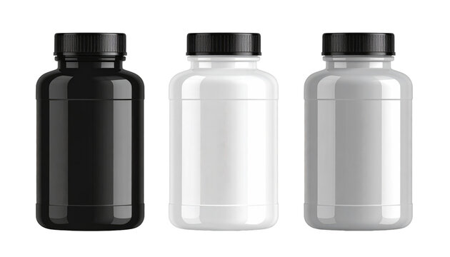 Three cylindrical supplement containers. One is black, the middle is white, and the last is light gray, all with black screw-on caps
