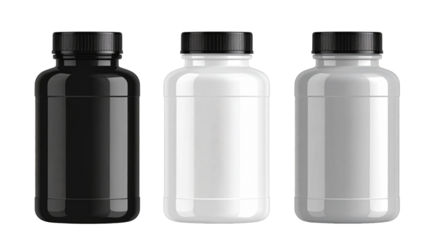 Three cylindrical supplement containers. One is black, the middle is white, and the last is light gray, all with black screw-on caps