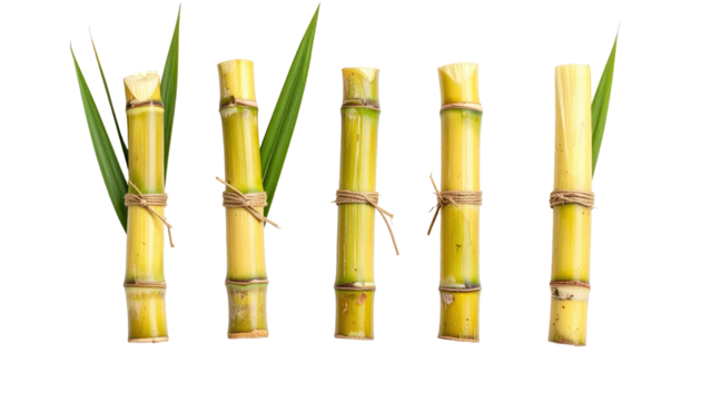 Five sugar cane stalks, each bound with twine, showcasing segments and green leaves against a stark black background