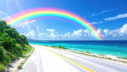 Coastal road, bright rainbow over turquoise ocean, sunny day