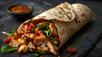 Close-up of a spicy chicken wrap filled with fresh veggies and zesty sauce, ideal for fast-food searches, healthy meals, and recipe inspiration.
