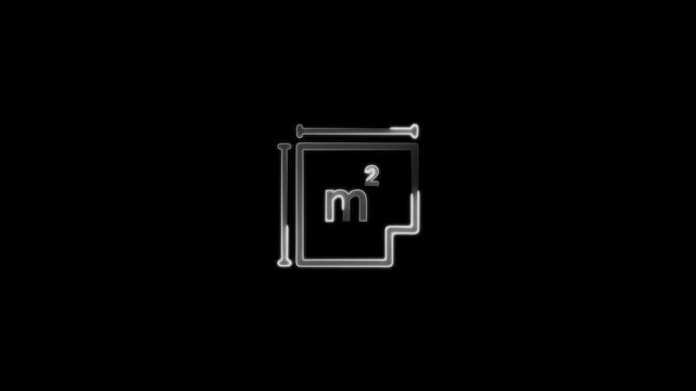 Neon outline icon of square meters symbol on black background area measurement