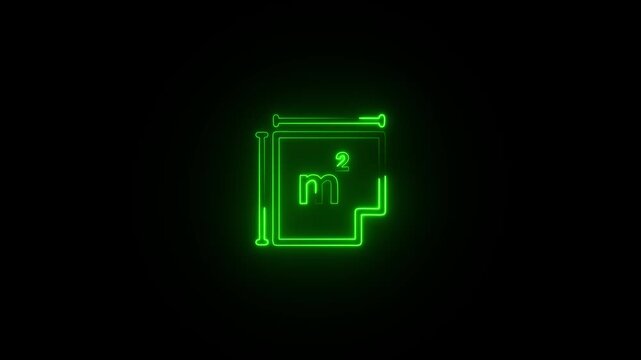 Green Neon Glow Icon of Square Meter Symbol on Black Background area measurement