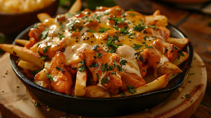 Close-up of butter chicken poutine featuring crispy fries topped with rich creamy sauce and tender chicken, ideal for fusion food and recipe searches.
