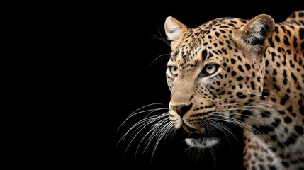 Naklejka premium Majestic Leopard Staring Intently Against a Black Background