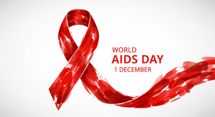 Red ribbon, symbol of World AIDS Day observed on December 1, painted with watercolor style brush strokes on a white background, promoting awareness and support.