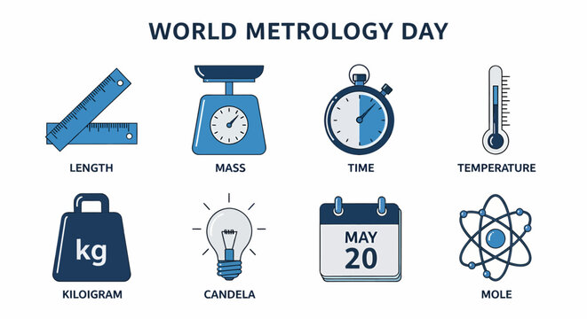 World Metrology Day graphic showing icons for seven base SI units