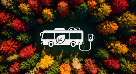 Go Green with Electric Bus Concept Amidst Vibrant Autumn Foliage, Promoting Sustainable Transportation and Eco-Friendly Travel for a Cleaner Future