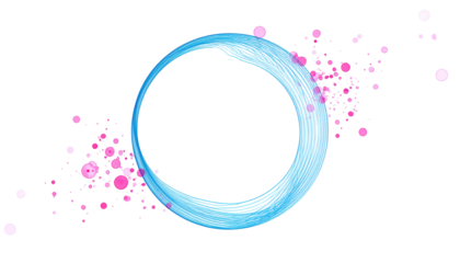 A vibrant, abstract digital art piece against a black backdrop, featuring a luminous blue circle with surrounding pink and white glowing orbs