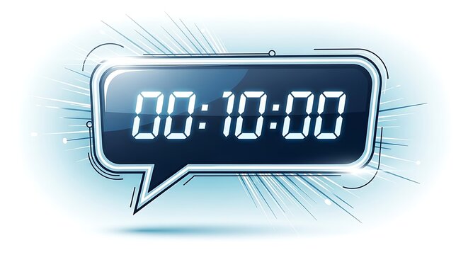 Digital countdown display inside a speech bubble showing “00:10:00” with a futuristic blue-toned gradient background. - Powered by Adobe