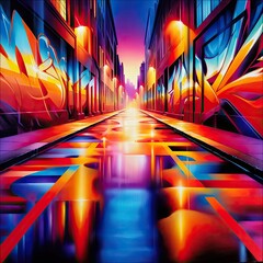Fototapeta premium A vibrant, stylized depiction of a city alleyway at dusk, with buildings on either side adorned with colorful graffiti. The wet street reflects the neon lights
