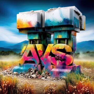 A large, abstract structure formed by colorful, graffiti-covered letters (likely 'AVS') stands in a dry, grassy field. The structure is made of concrete blocks