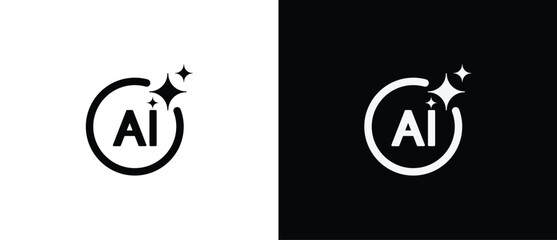 Artificial Intelligence in circular shape. AI engineered app icon. Sparkling star in flat style. Artificial Intelligence star logo. Digital brain, media, multimedia, button.