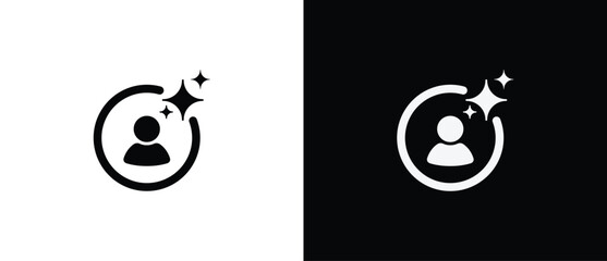 Peson symbol with Artificial Intelligence in circular shape. AI engineered app icon. Sparkling star in flat style. Artificial Intelligence star logo. Digital brain, media, multimedia, button.